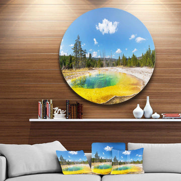 Morning Glory Pool with Bright Sky - Landscape Photography Round Metal Wall Art